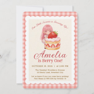 Strawberry Sweet Watercolor Girl 1st Birthday Invitation