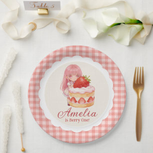 Strawberry Sweet Watercolor Girl 1st Birthday Paper Plate