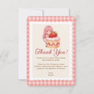 Strawberry Sweet Watercolor Girl 1st Birthday Thank You Card