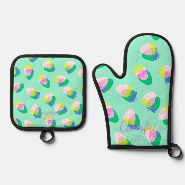 Strawberry Teal Oven Mitt & Pot Holder Set (Front)