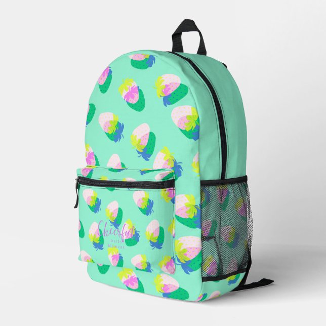 Strawberry Teal Printed Backpack (Back Corner Right)