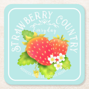 Strawberry Teal Square Paper Coaster