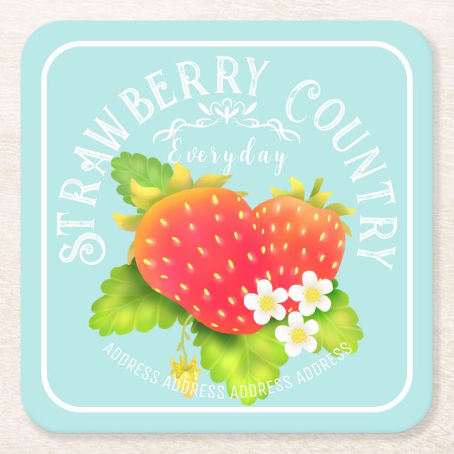 Strawberry Teal Square Paper Coaster (Front)