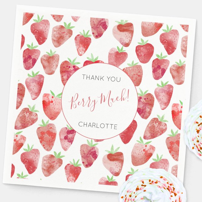 Strawberry Thank You Personalised Napkin (Strawberry personalized party paper napkin)