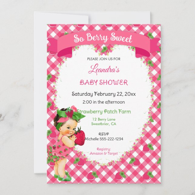 Strawberry Theme Baby Girl Gingham Pink Green  Invitation (Front)