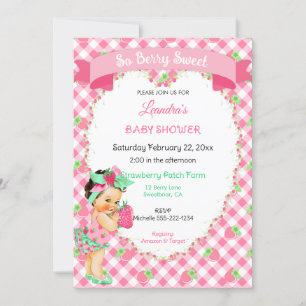 Strawberry Theme Baby Girl Gingham Pink Mint Invitation