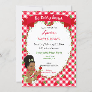 Strawberry Theme Baby Girl Gingham Red Green  Invitation