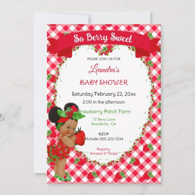Strawberry Theme Baby Girl Gingham Red Green  Invitation (Front)