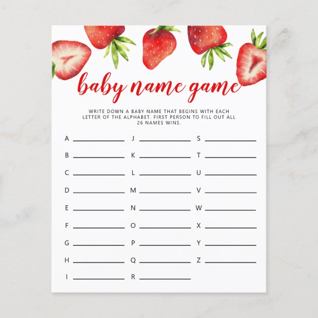 Strawberry Theme Baby Name Shower Game (Front)