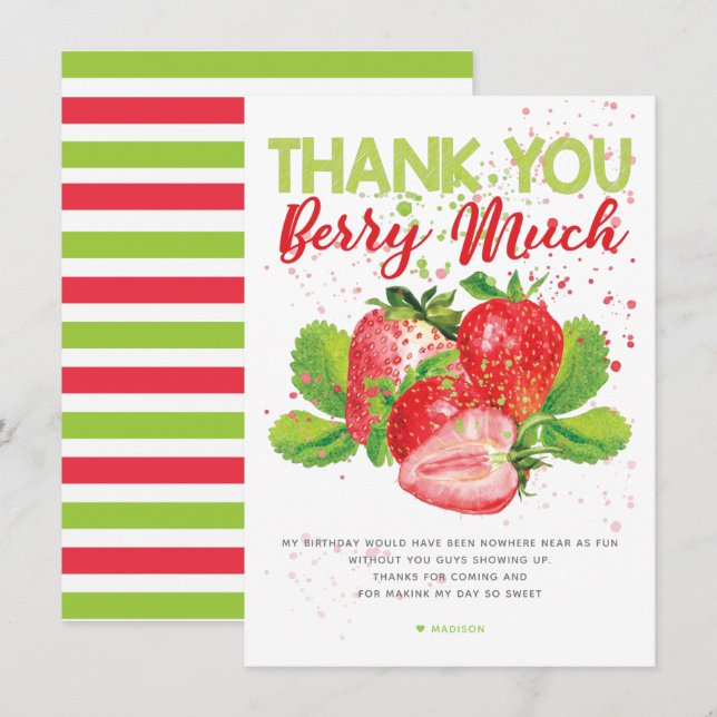 Strawberry Theme Birthday Thank You Card (Front/Back)