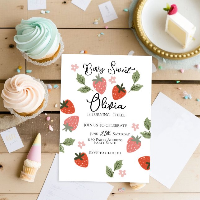 Strawberry Theme Girl Birthday Party Invitation (Creator Uploaded)