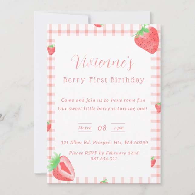 Strawberry Themed First Birthday Party Invitation  (Front)