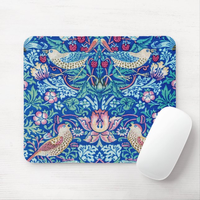 Strawberry Thief Blue, William Morris Mouse Mat (With Mouse)