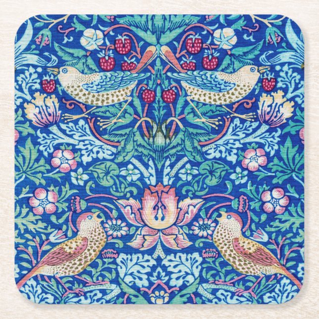 Strawberry Thief Blue, William Morris Square Paper Coaster (Front)