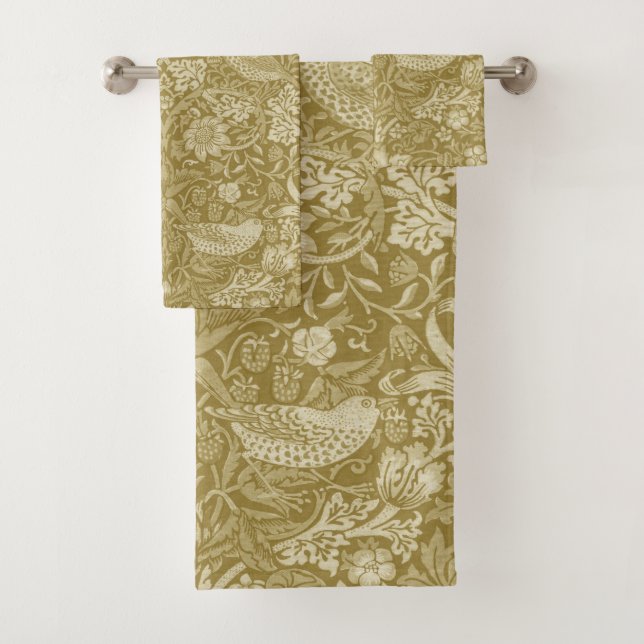 Strawberry Thief Gold, William Morris Bath Towel Set (Insitu)
