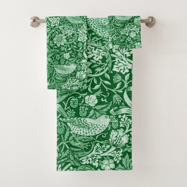Strawberry Thief Green, William Morris Bath Towel Set (Insitu)