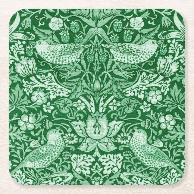 Strawberry Thief Green, William Morris Square Paper Coaster (Front)