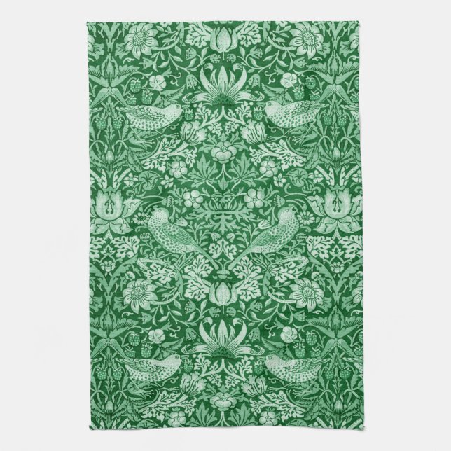 Strawberry Thief Green, William Morris Tea Towel (Vertical)