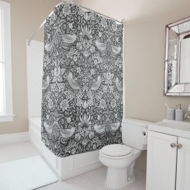 Strawberry Thief Grey, William Morris Shower Curtain (In Situ)