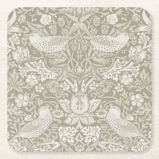 Strawberry Thief Ivory, William Morris Square Paper Coaster (Front)