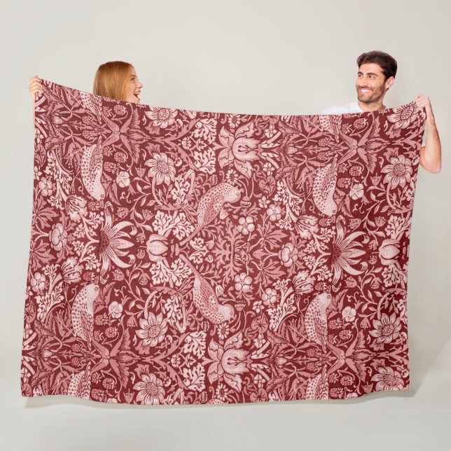 Strawberry Thief Maroon, William Morris Fleece Blanket (In Situ)