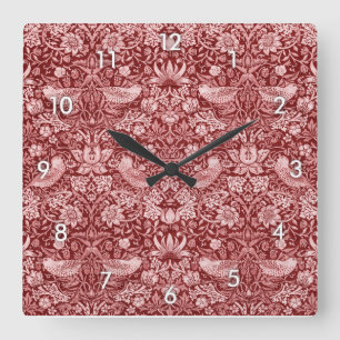 Strawberry Thief Maroon, William Morris Square Wall Clock