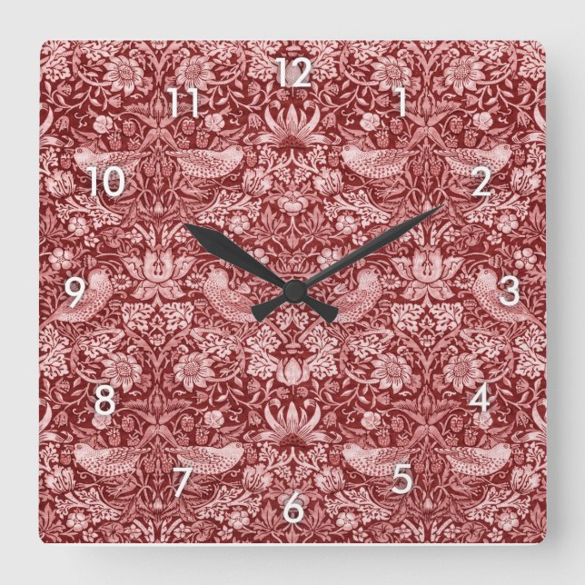 Strawberry Thief Maroon, William Morris Square Wall Clock (Front)