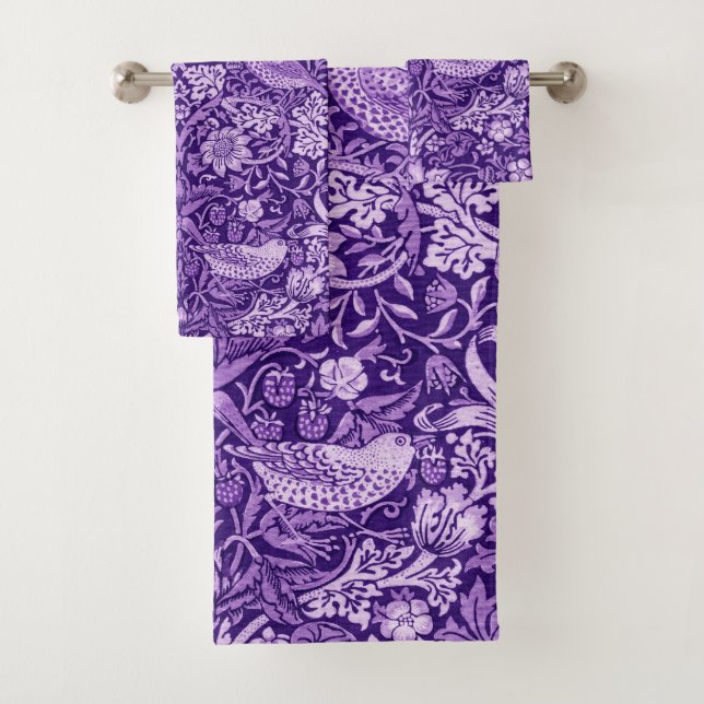 Strawberry Thief Purple, William Morris Bath Towel Set (Insitu)