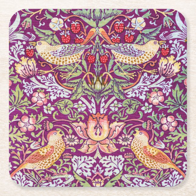 Strawberry Thief Red, William Morris Square Paper Coaster (Front)