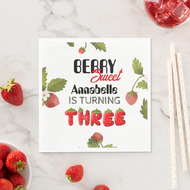 Strawberry Third Birthday Napkin (Insitu)