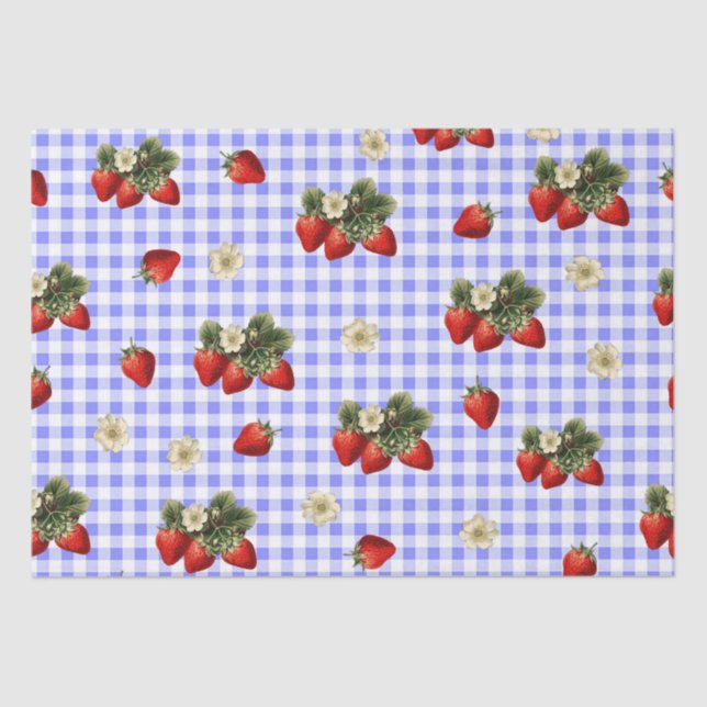 Strawberry tissue paper on blue gingham (Front)