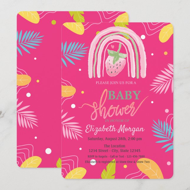 Strawberry Tropical Leaves Pink Baby Shower   Invitation (Front/Back)