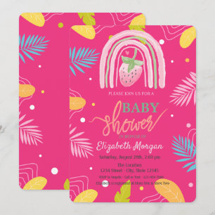 Strawberry Tropical Leaves Pink Baby Shower   Invitation