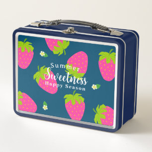 Strawberry Turquoise Blue Metal Lunch Box