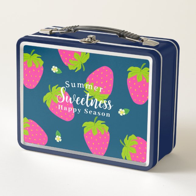 Strawberry Turquoise Blue Metal Lunch Box (Front)