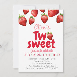 Strawberry two Sweet 2nd Birthday Invitation