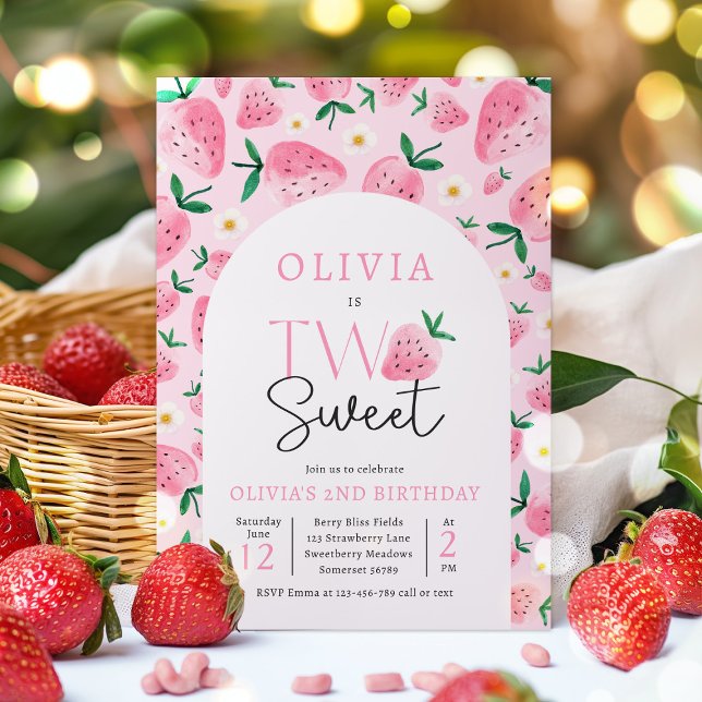 Strawberry Two Sweet Berry 2nd Birthday Party Invitation (Creator Uploaded)
