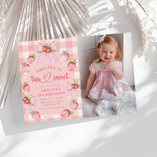 Strawberry Two Sweet Berry 2nd Birthday Photo Invitation