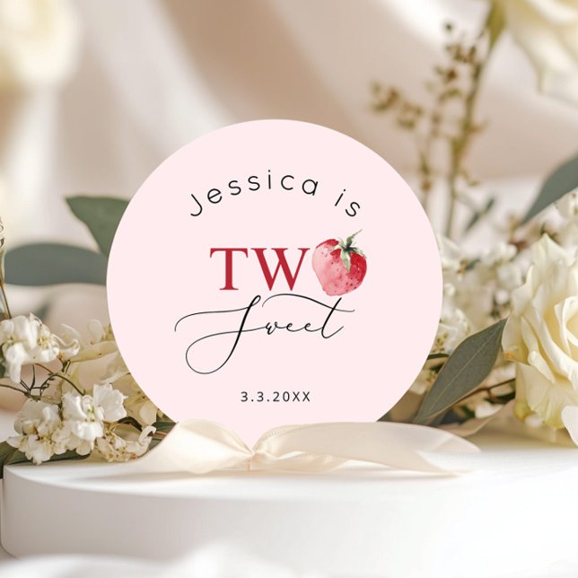 Strawberry two sweet birthday party classic round sticker (Creator Uploaded)