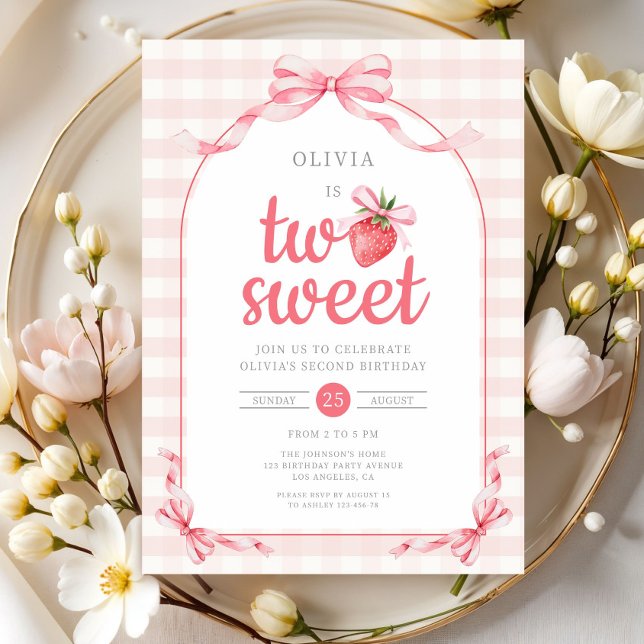 Strawberry Two Sweet Girl 2nd Birthday Invitation (Strawberry Two Sweet Girl 2nd Birthday Invitation)