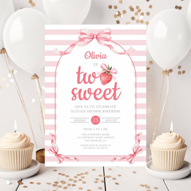 Strawberry Two Sweet Girl 2nd Birthday Invitation (Strawberry Two Sweet Girl 2nd Birthday Invitation)