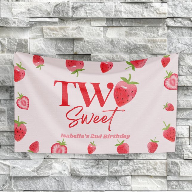 Strawberry Two Sweet Pink Red 2nd Birthday Party Banner (Creator Uploaded)