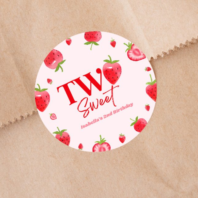 Strawberry Two Sweet Pink Red 2nd Birthday Party Classic Round Sticker (Creator Uploaded)