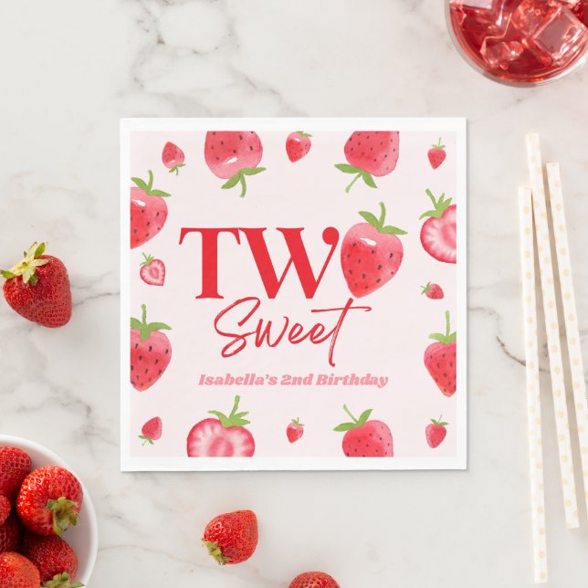 Strawberry Two Sweet Pink Red 2nd Birthday Party Napkin (Insitu)