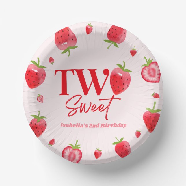 Strawberry Two Sweet Pink Red 2nd Birthday Party Paper Plate (Front)