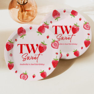 Strawberry Two Sweet Pink Red 2nd Birthday Party Paper Plate