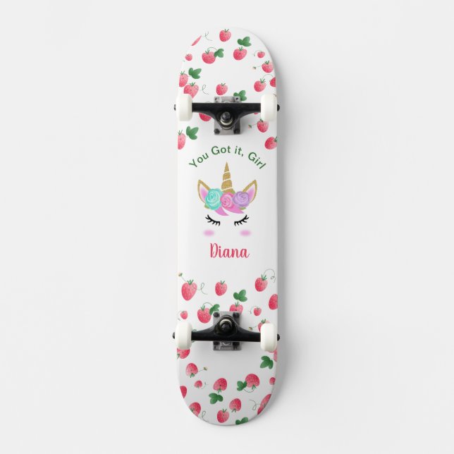 Strawberry Unicorn skateboard with name (Front)