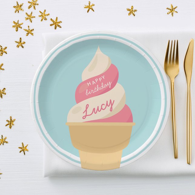 Strawberry Vanilla Ice Cream Kids Birthday Party Paper Plate (Creator Uploaded)