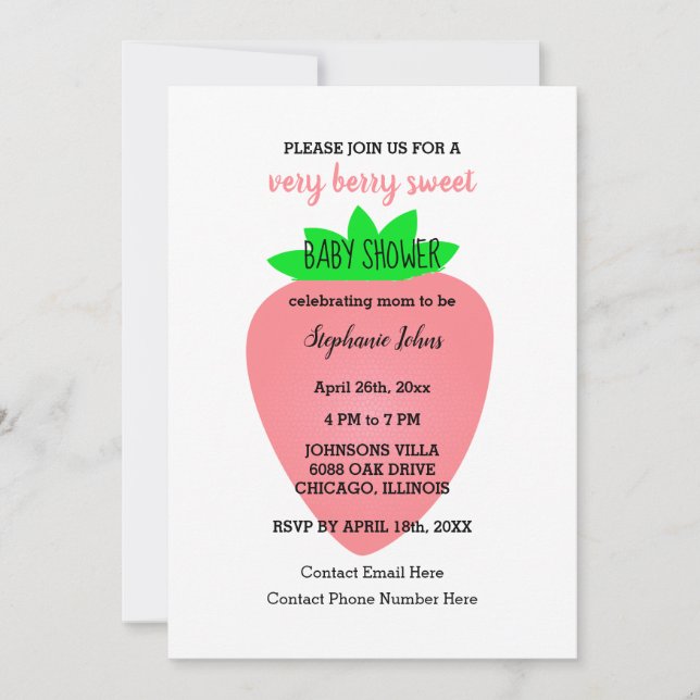 Strawberry Very Berry Sweet Baby Girl Baby Shower Invitation (Front)