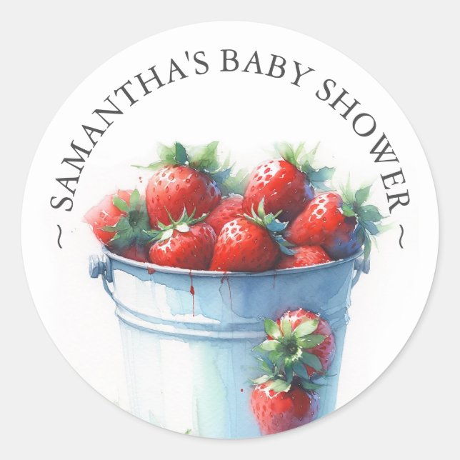 Strawberry Watercolor Baby Shower Classic Round Sticker (Front)